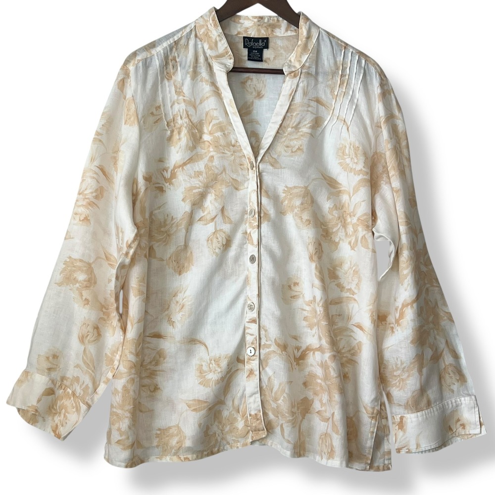 Rafaella Woman 16W 1X 100% Linen Floral Button Up Tan White Long‎ Sleeve Blouse